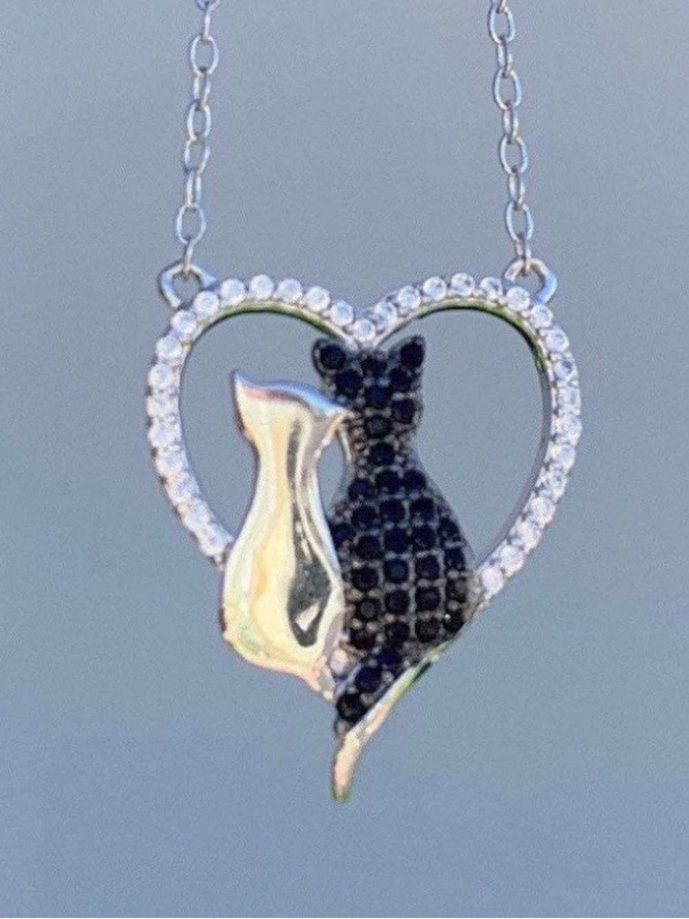 Sterling Silver & Pave Cubic Zirconia Cat Heart Necklace